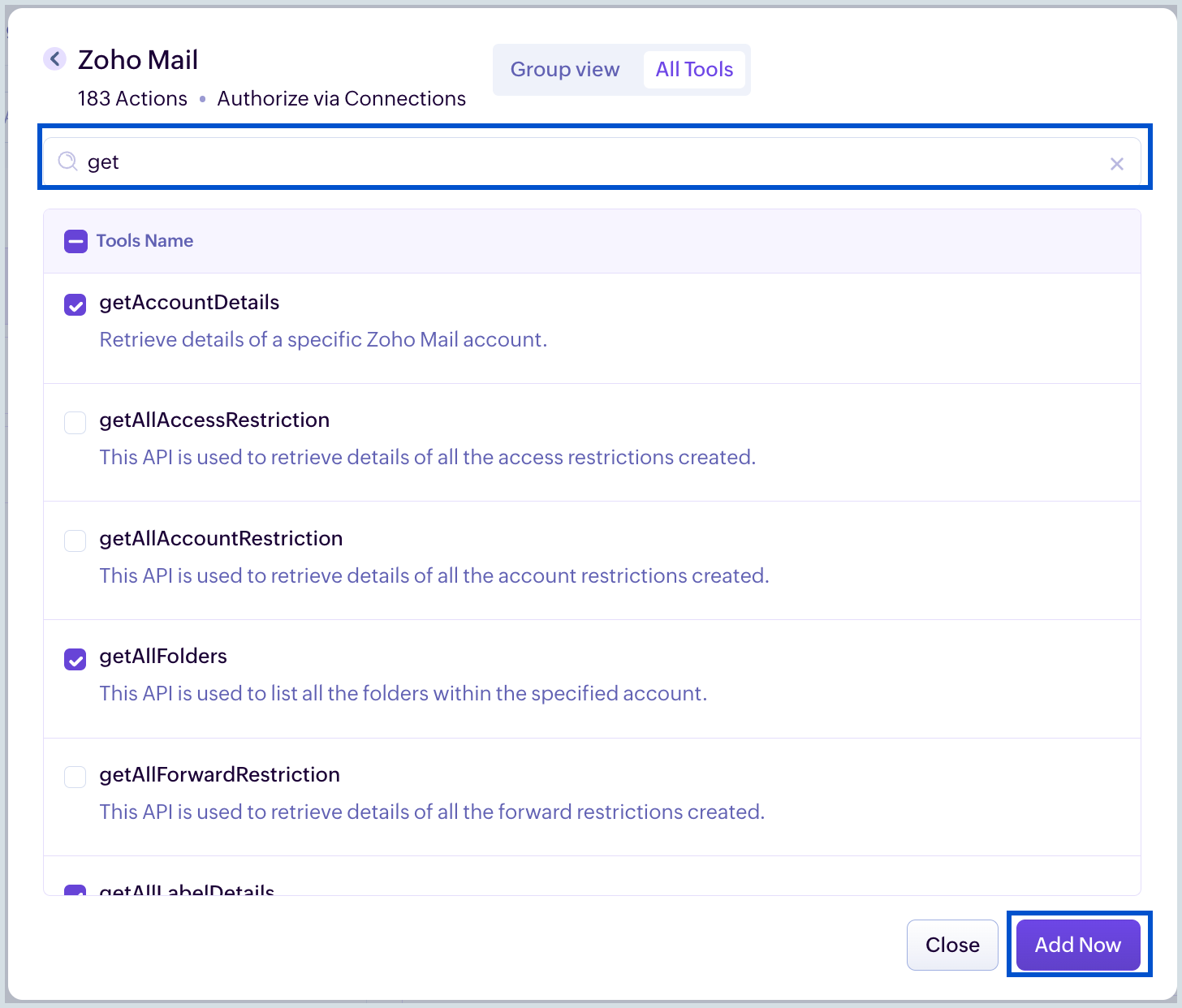 Add Zoho Mail MCP tools Add Tools