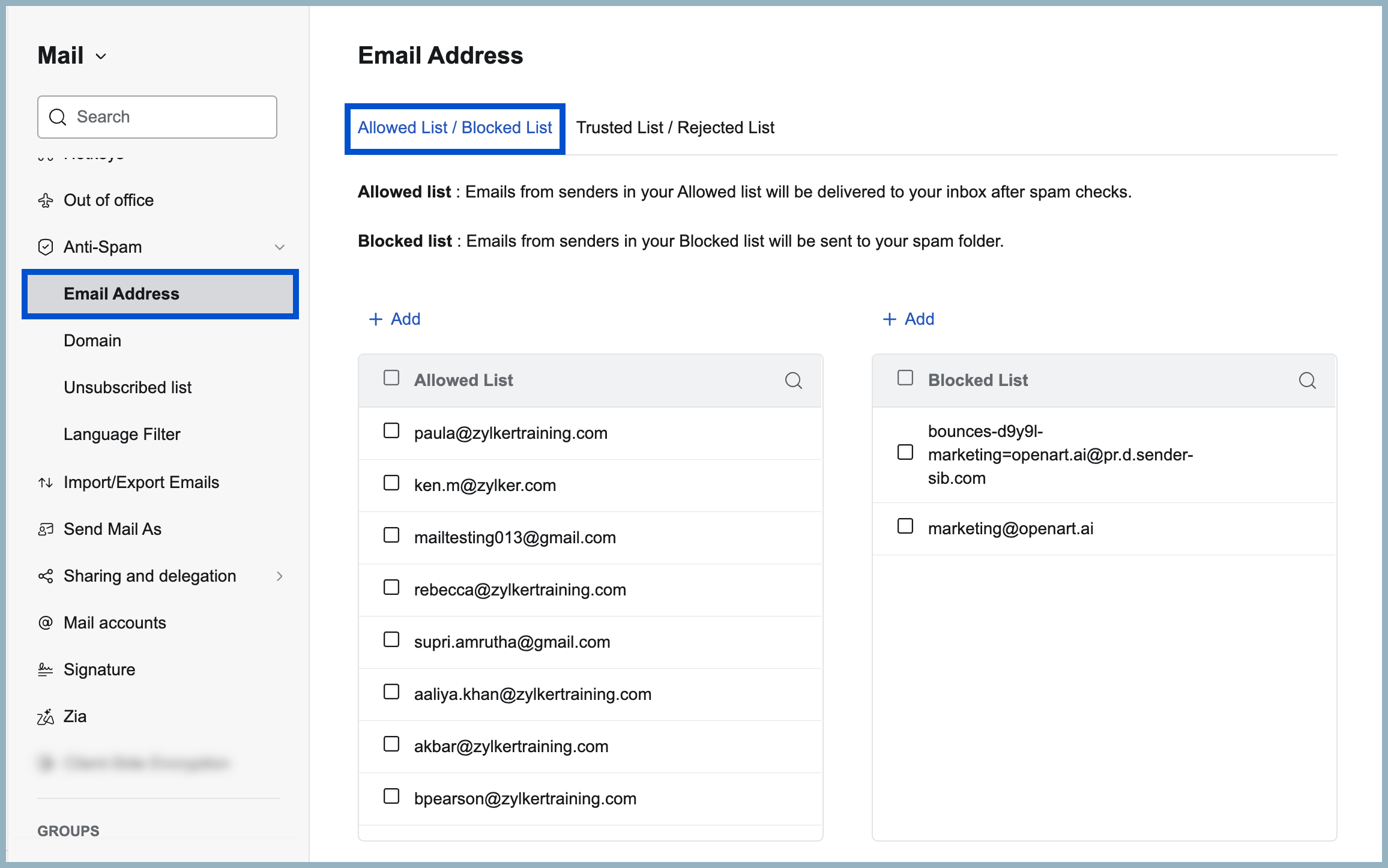 Allowlist and Blocklist Email addresses