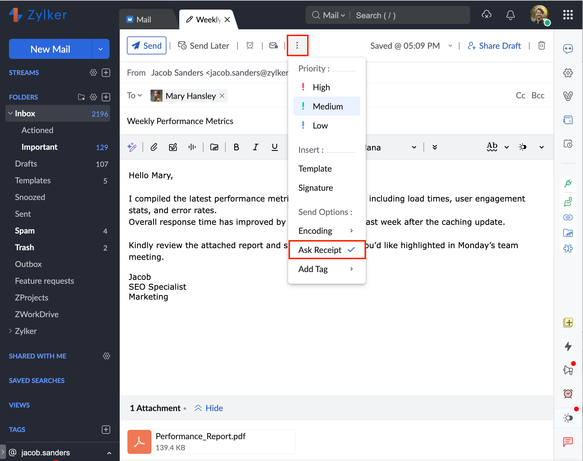 Ask read receipts while composing emails