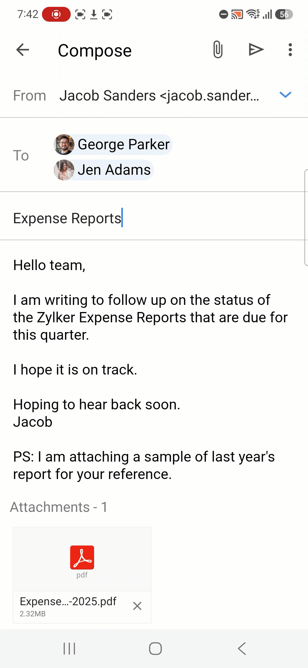 Attach files in Zoho Mail Android app