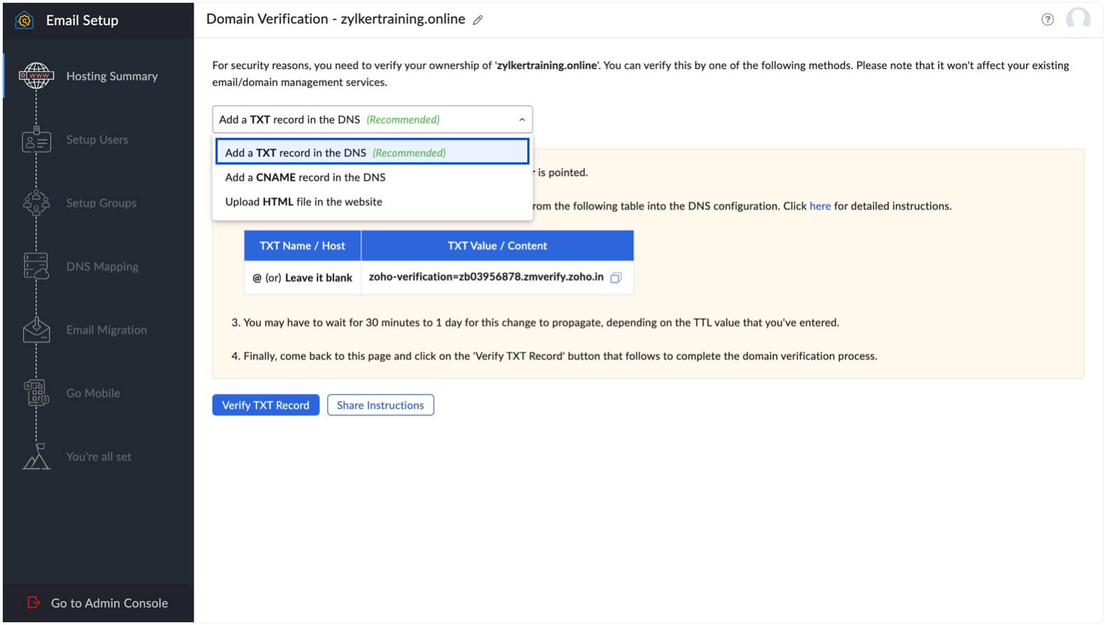 Select the TXT method Select the TXT method