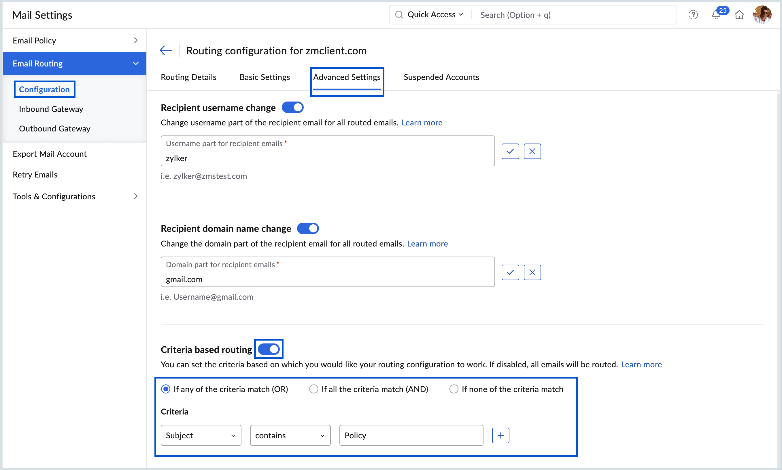 Enabling critera based routing
