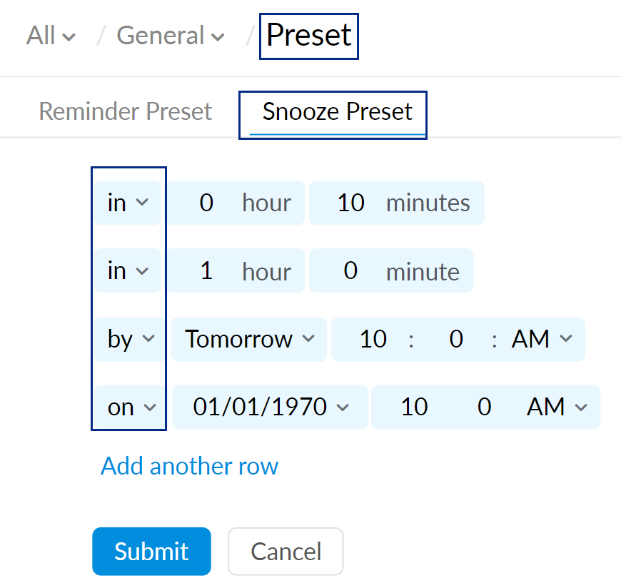 Customizing Snooze Preset window