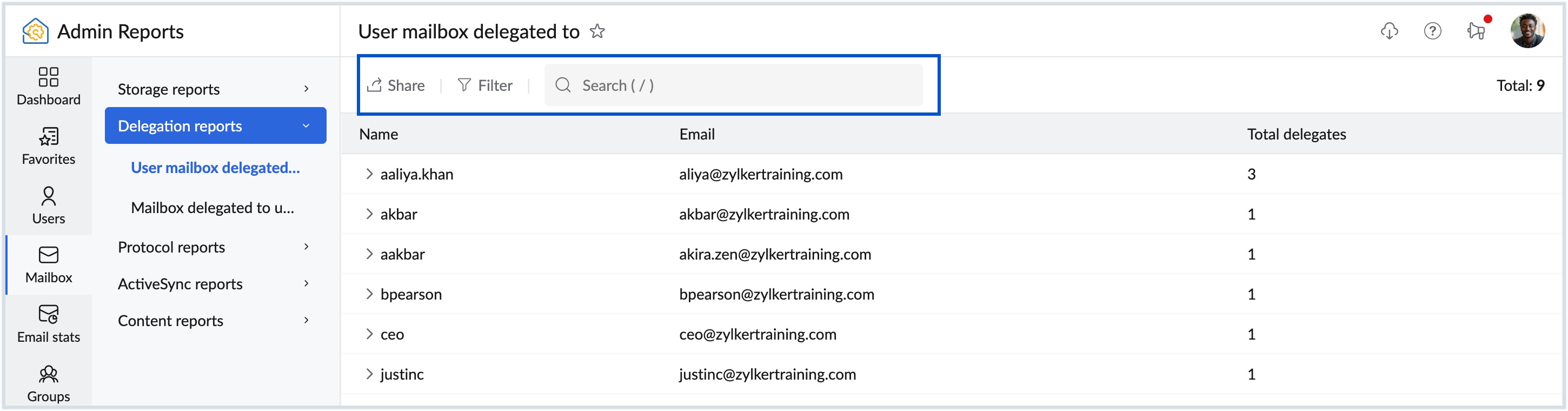 Search, filter and share options