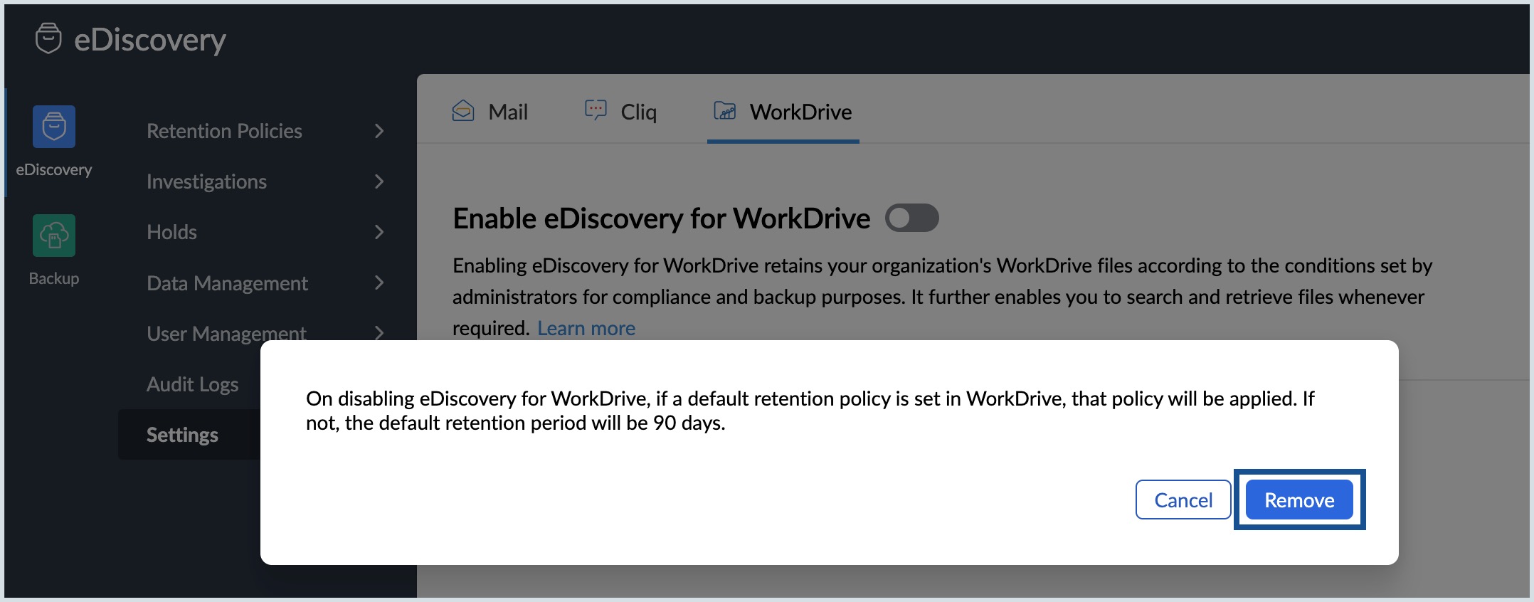 eDiscovery WorkDrive Settings