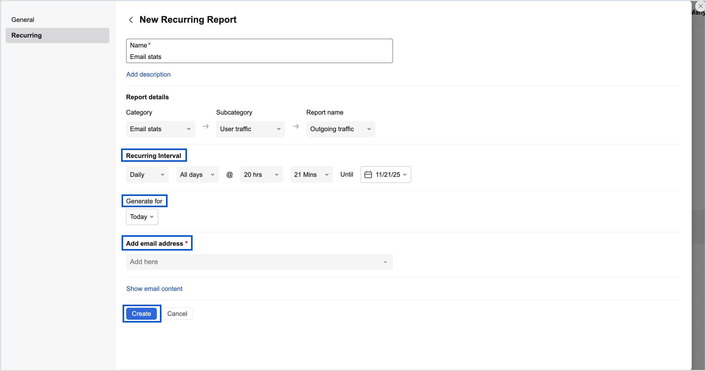 Configuring a new Recurring report Configuring a new Recurring report