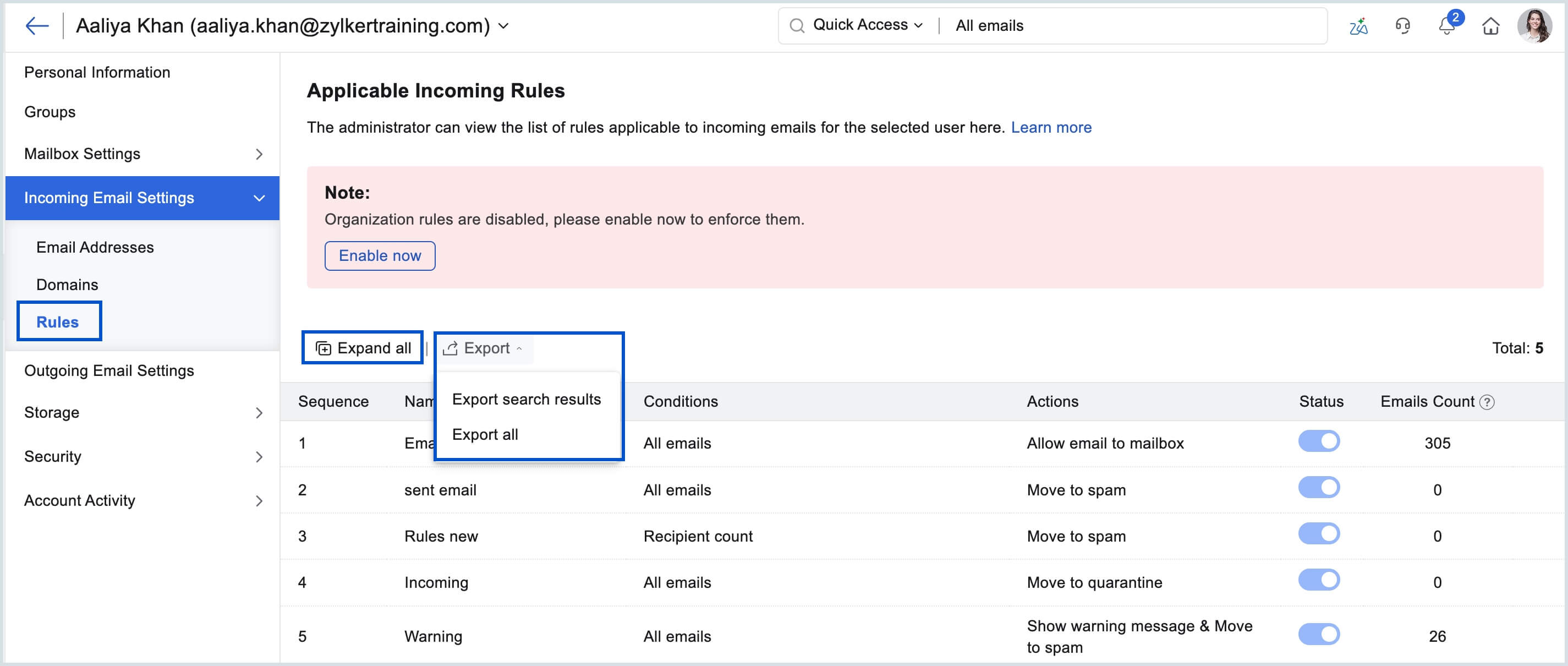 Export incoming rules Export incoming rules