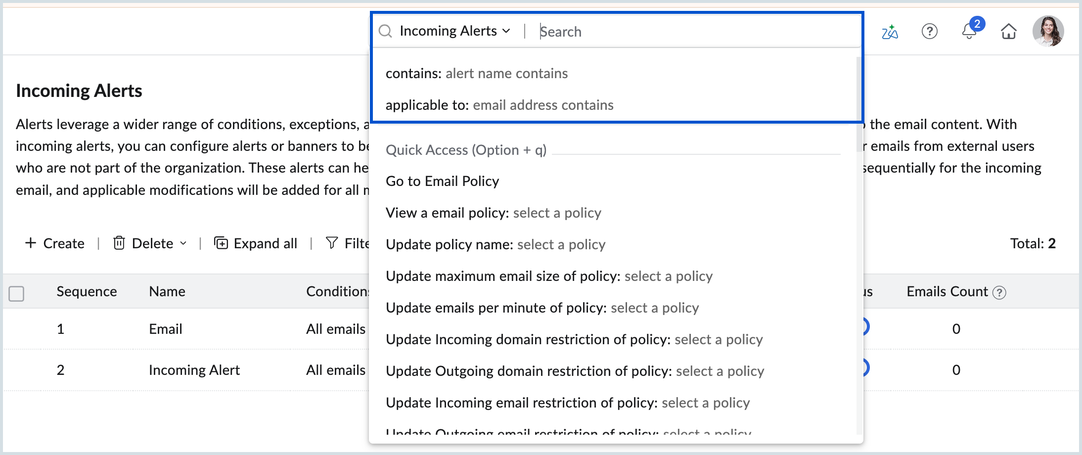 Incoming alert search Incoming alert search