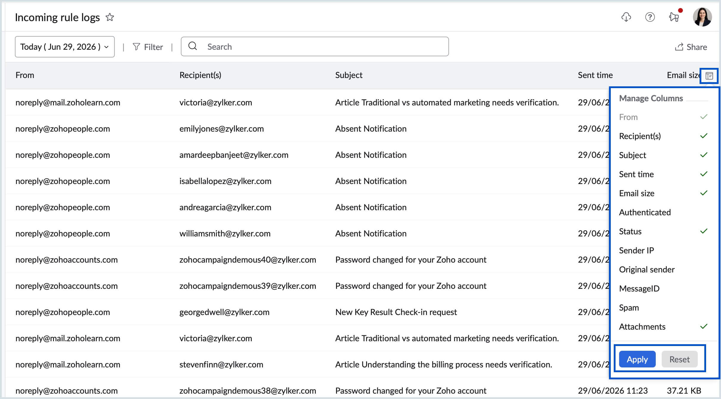 Manage incoming rule logs Manage incoming rule logs