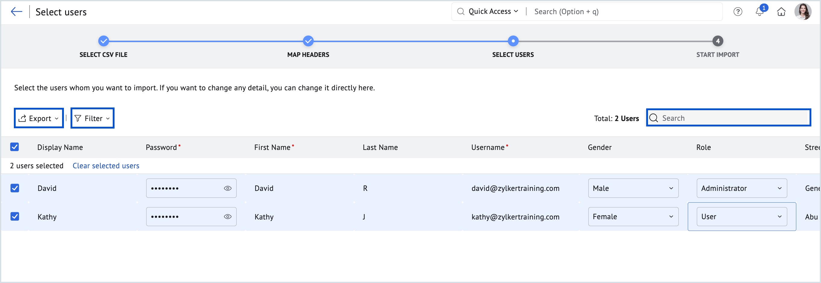 Managing users using Export, Filter, and Search options Managing users using Export, Filter, and Search options