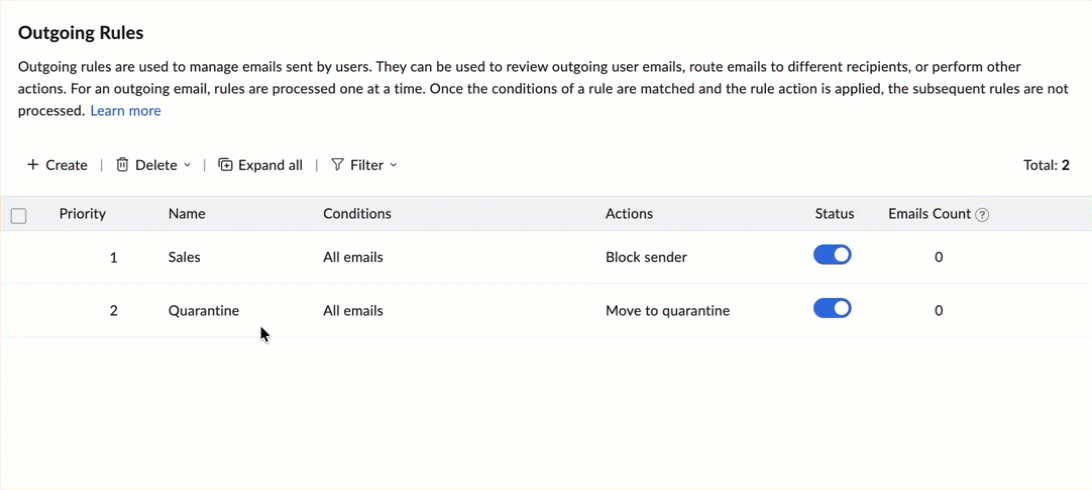 Drag-drop outgoing rules