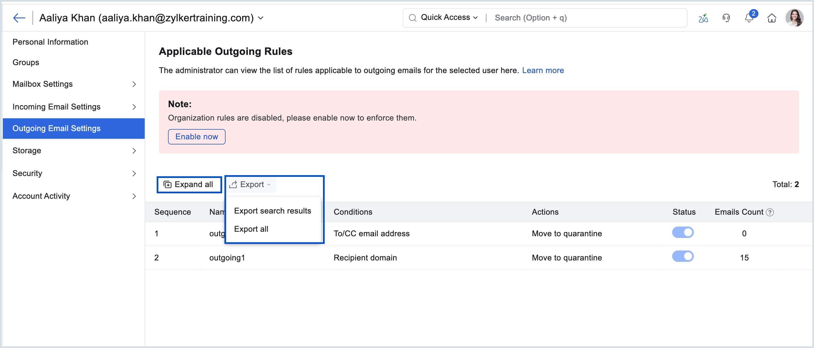 Export outgoing rules Export outgoing rules
