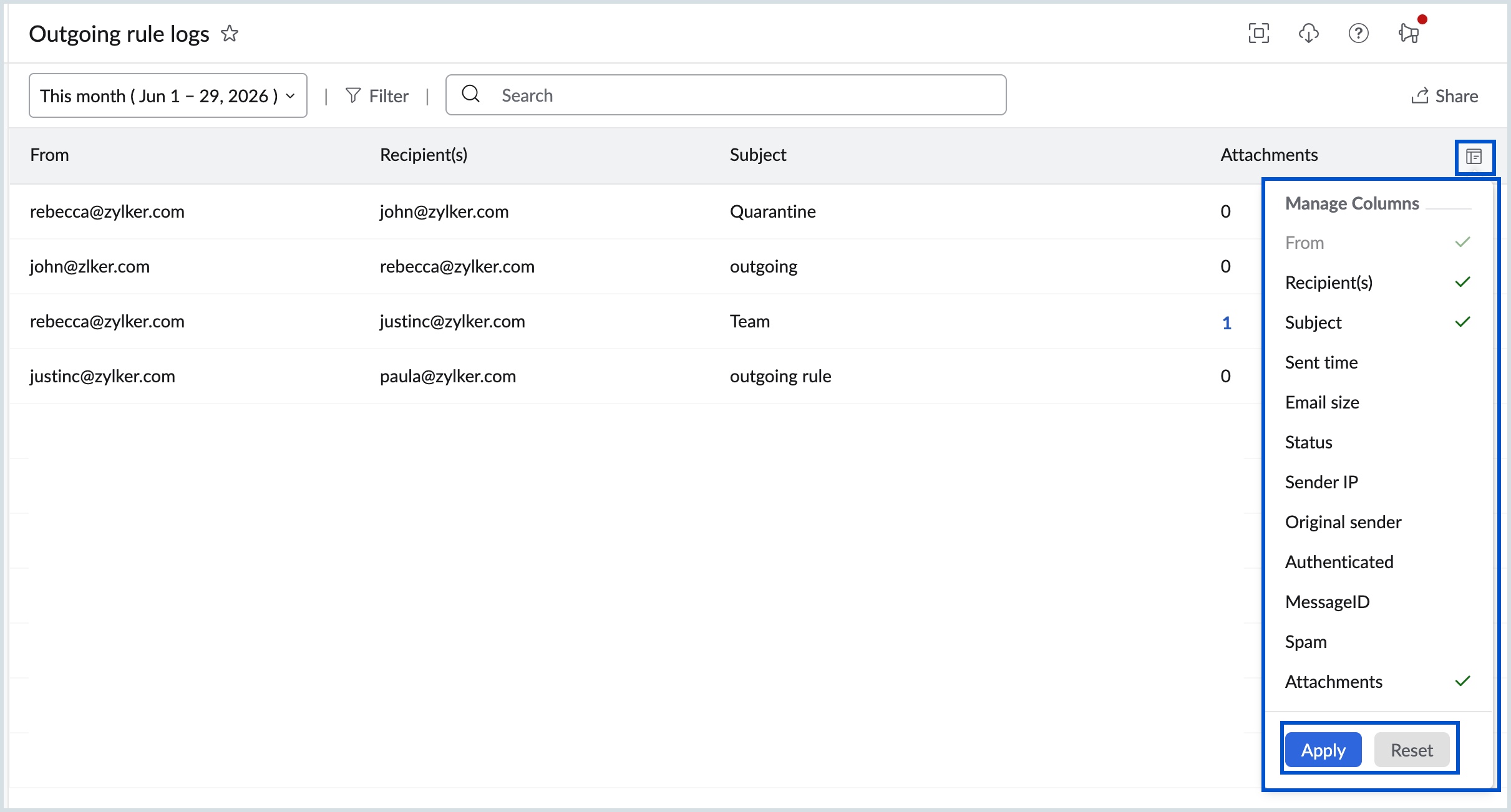 Manage outgoing column Manage outgoing column