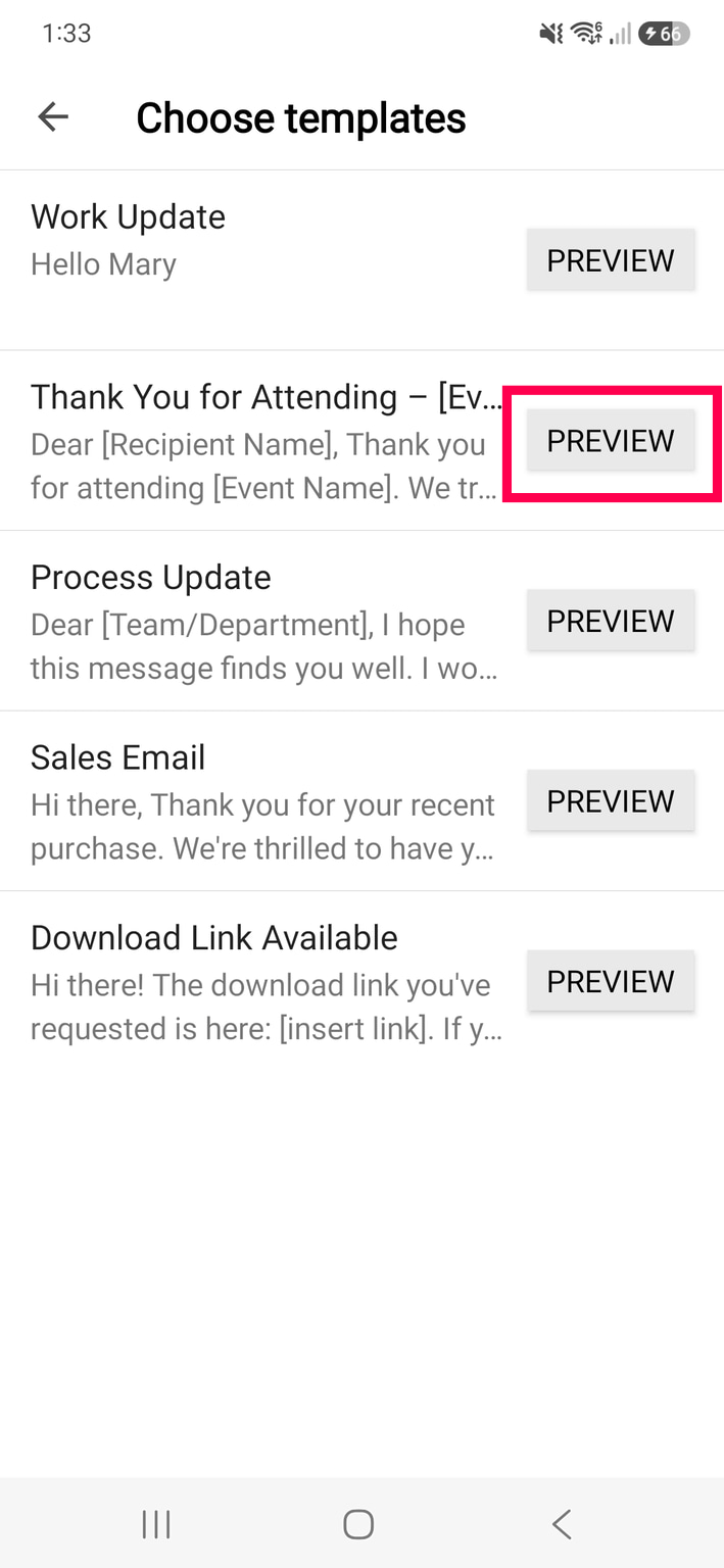 Preview template Preview template in Zoho Mail Android app
