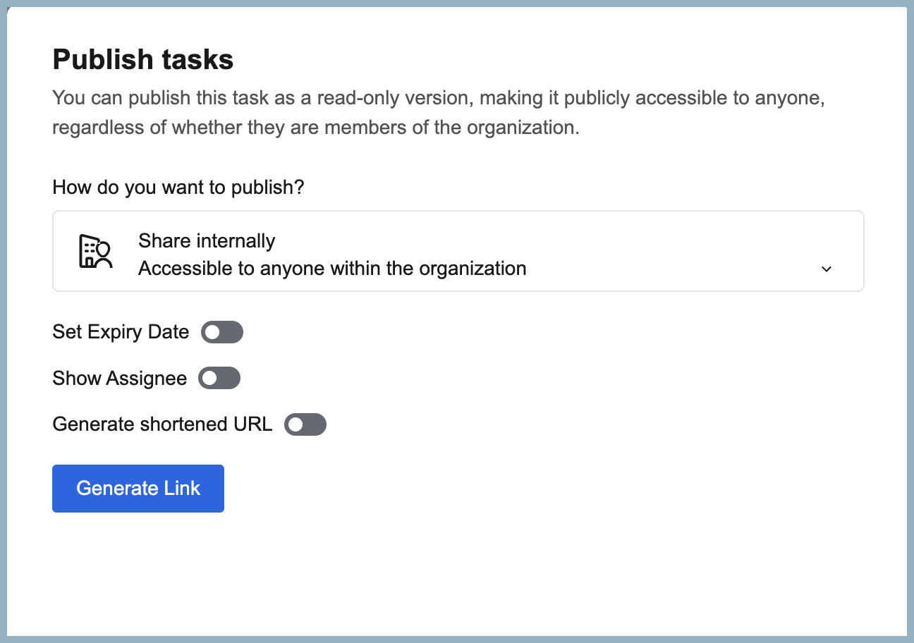 Publish tasks pop-up