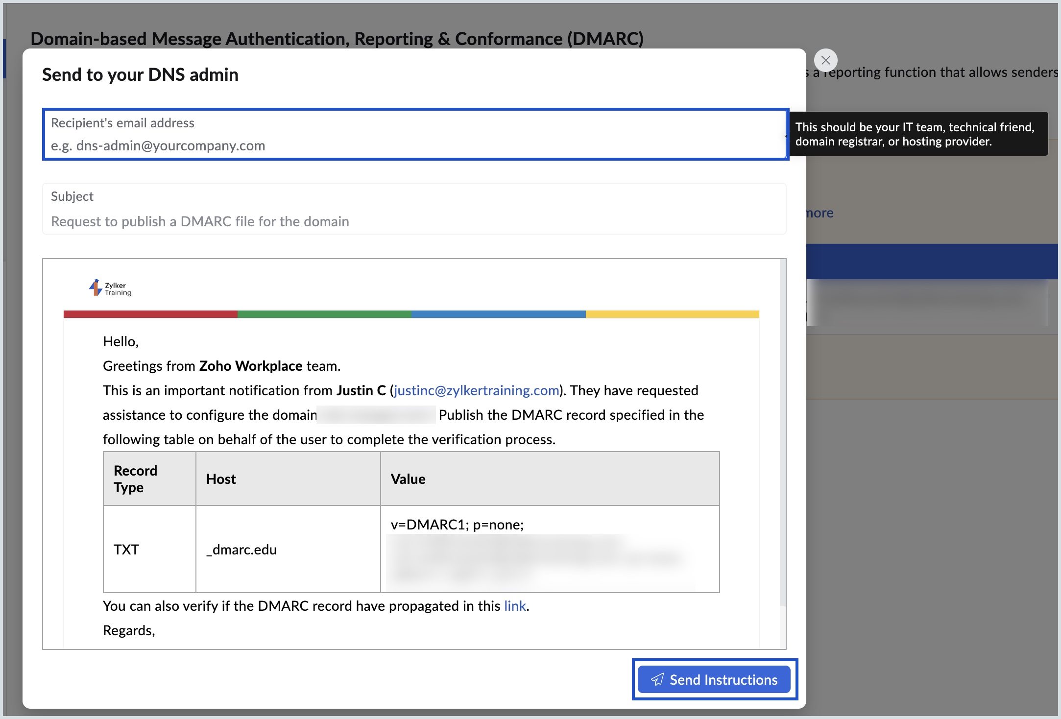 send DMARC instructions send DMARC instructions
