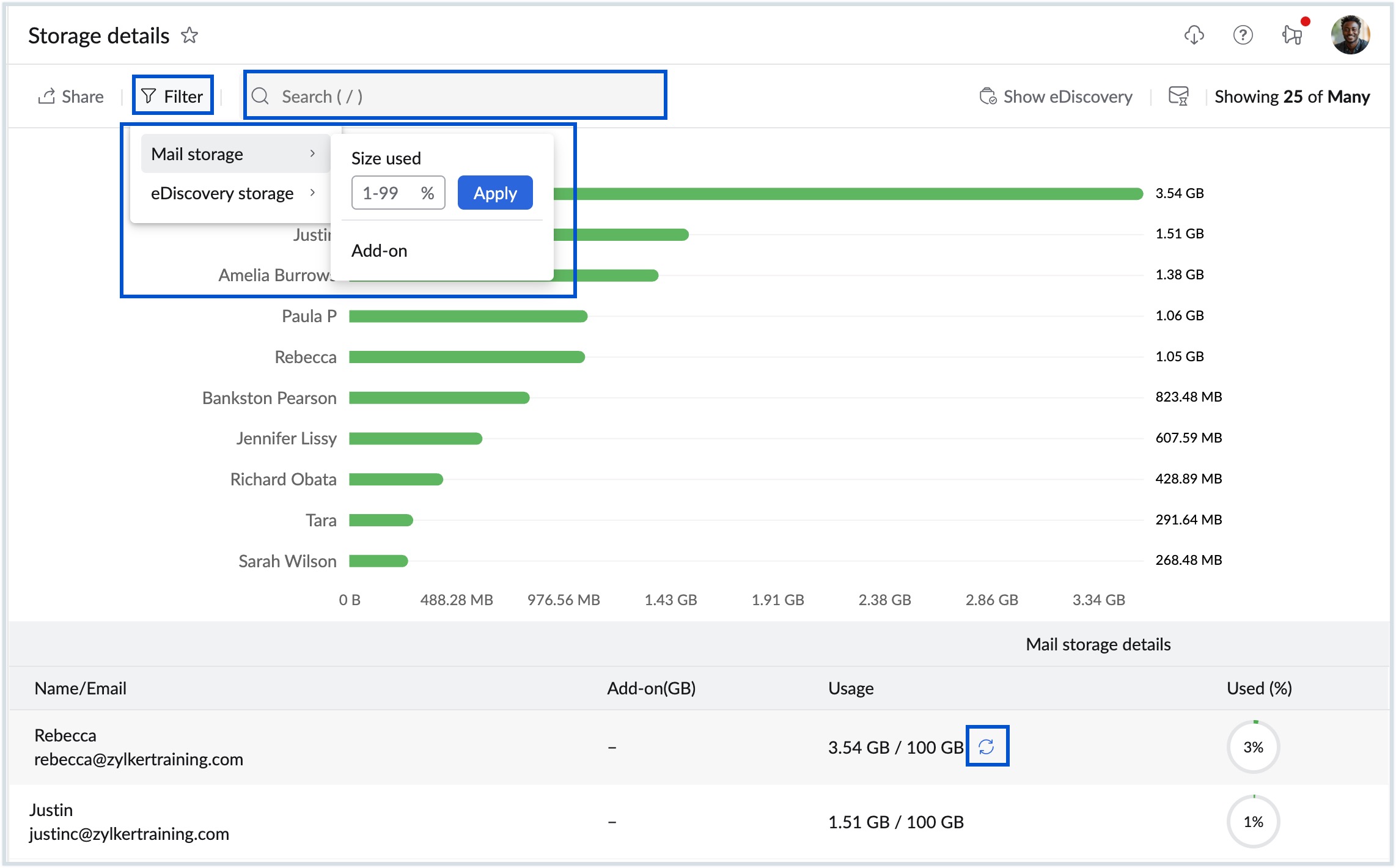 Filter and search options