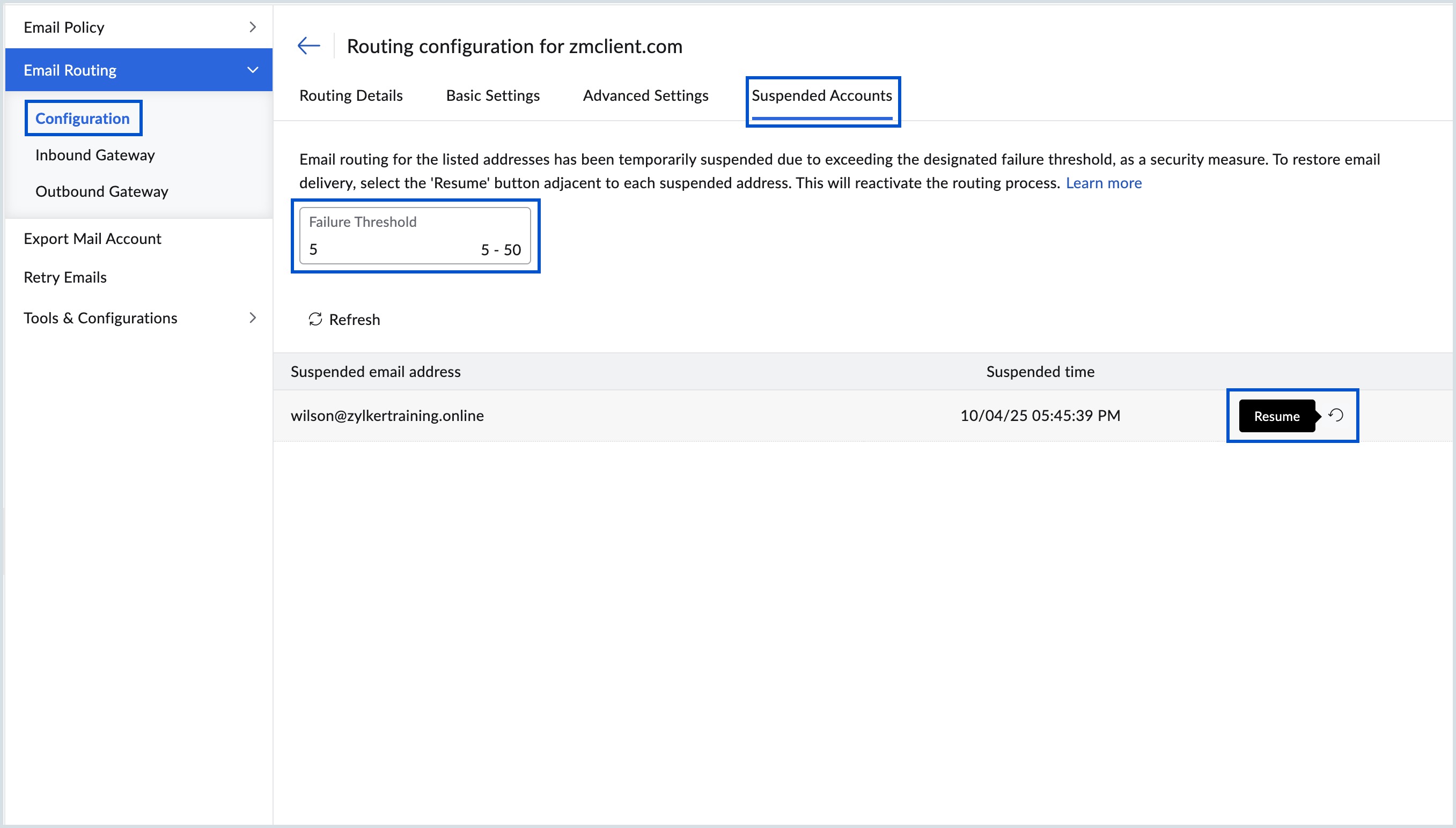 Configuring threshold for suspended accounts