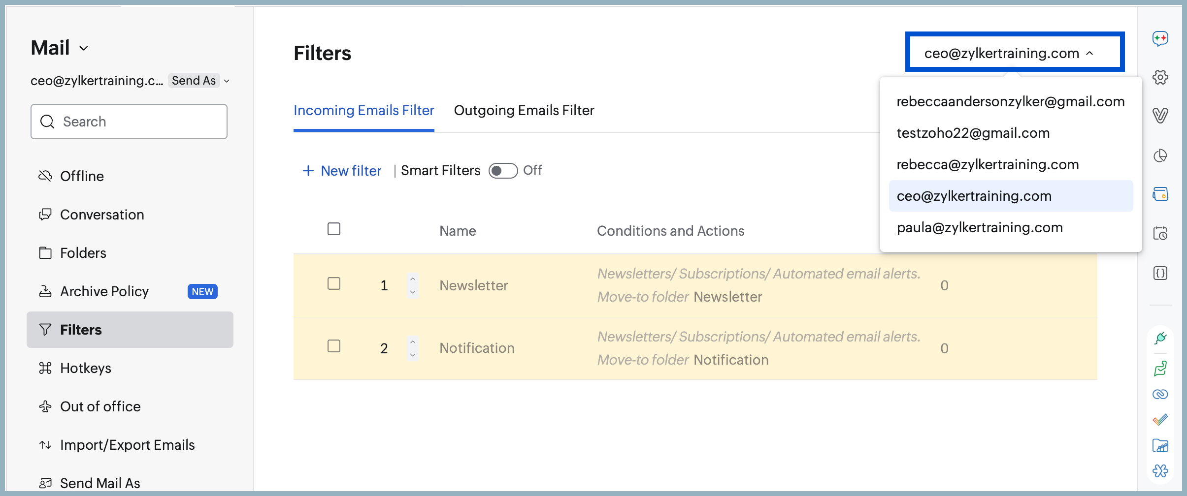 Manage filters for all accounts