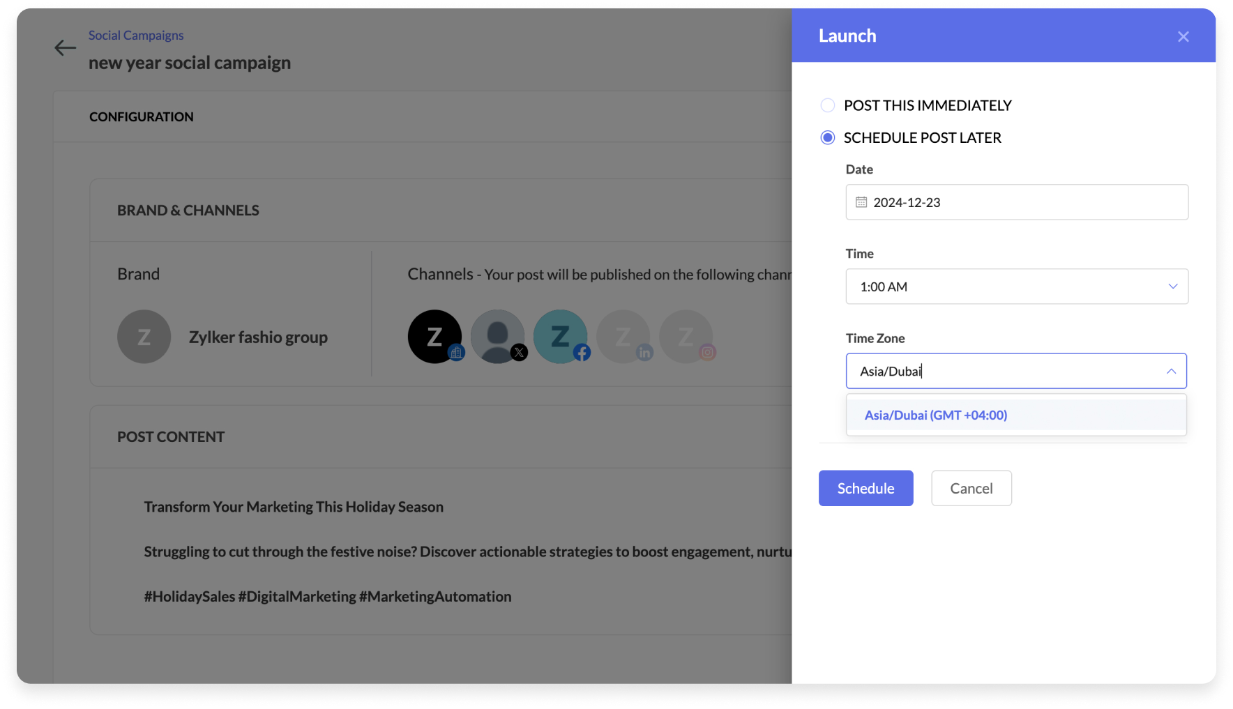 Planner van Zoho-berichten op social media.