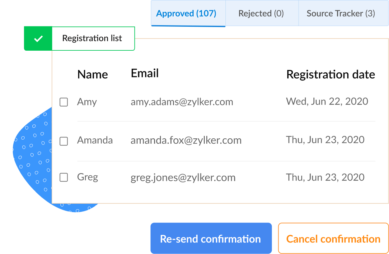 Attendee moderation dashboard showing registration list with approve and deny options