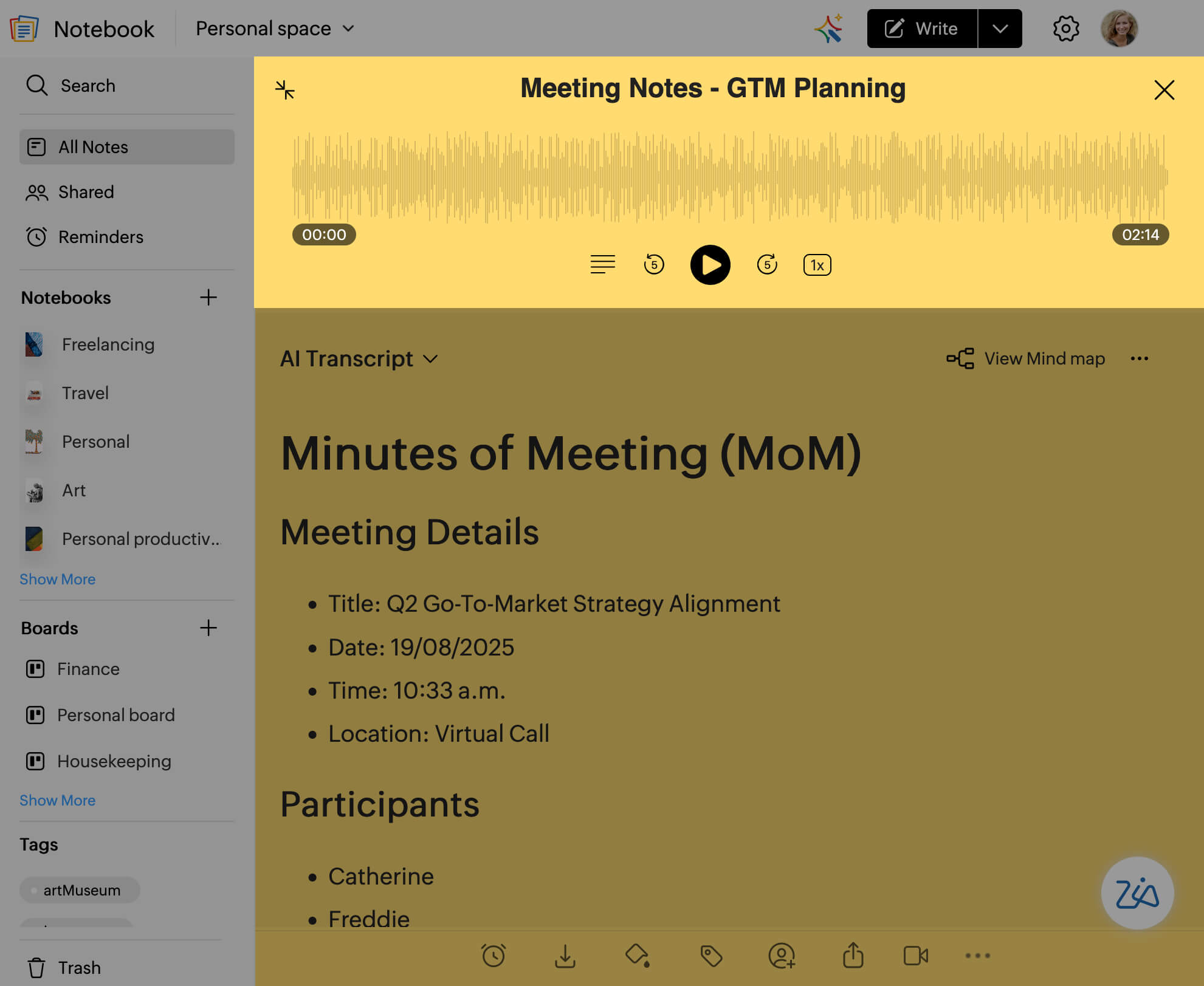 Transcription that lives inside your notes