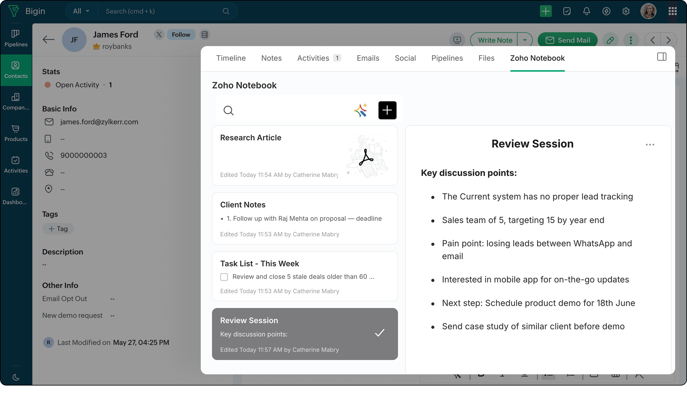Zoho Notebook notes panel open inside a Bigin Contact record