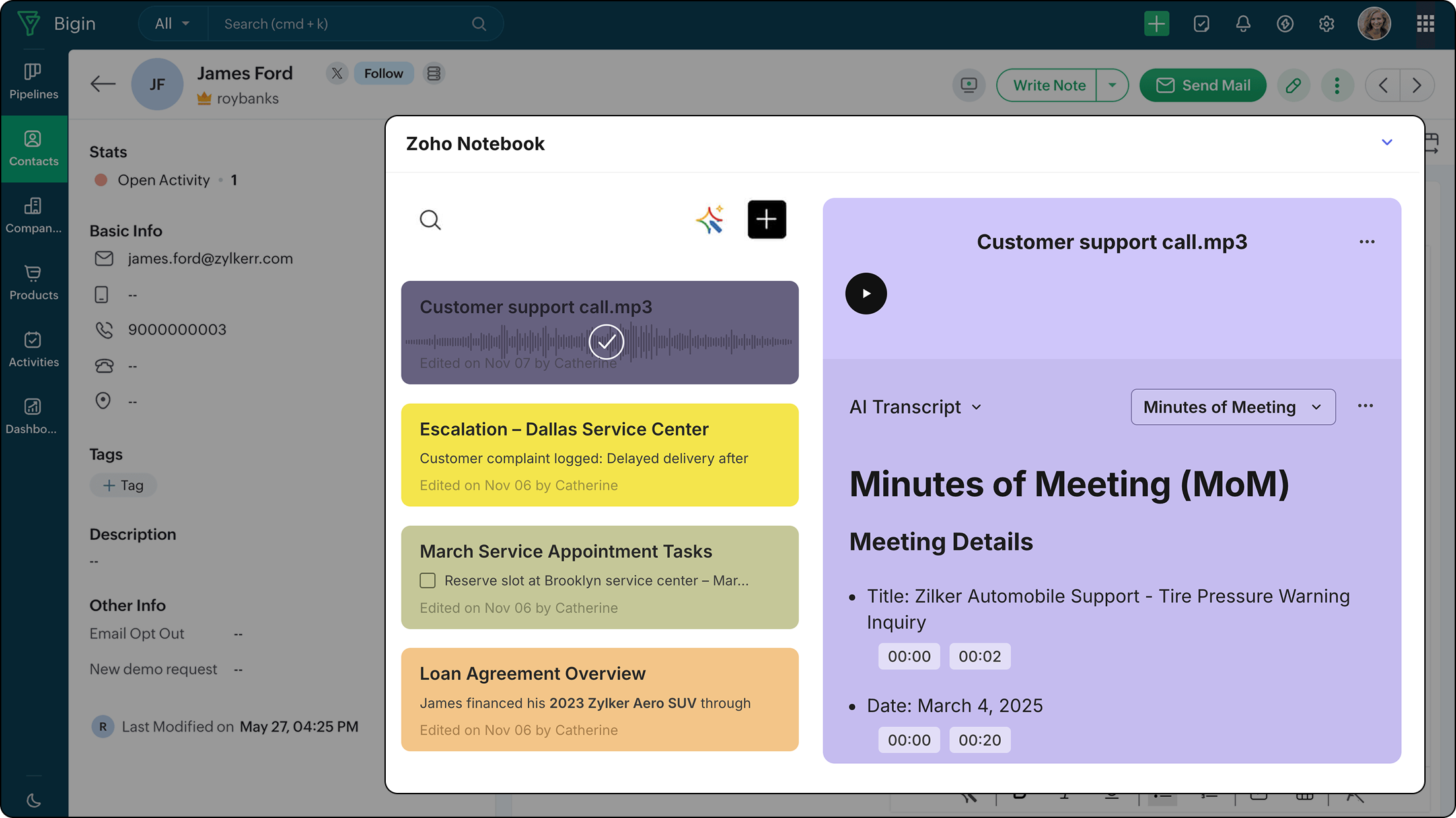 A sales call automatically transcribed into a Bigin record by Notebook AI