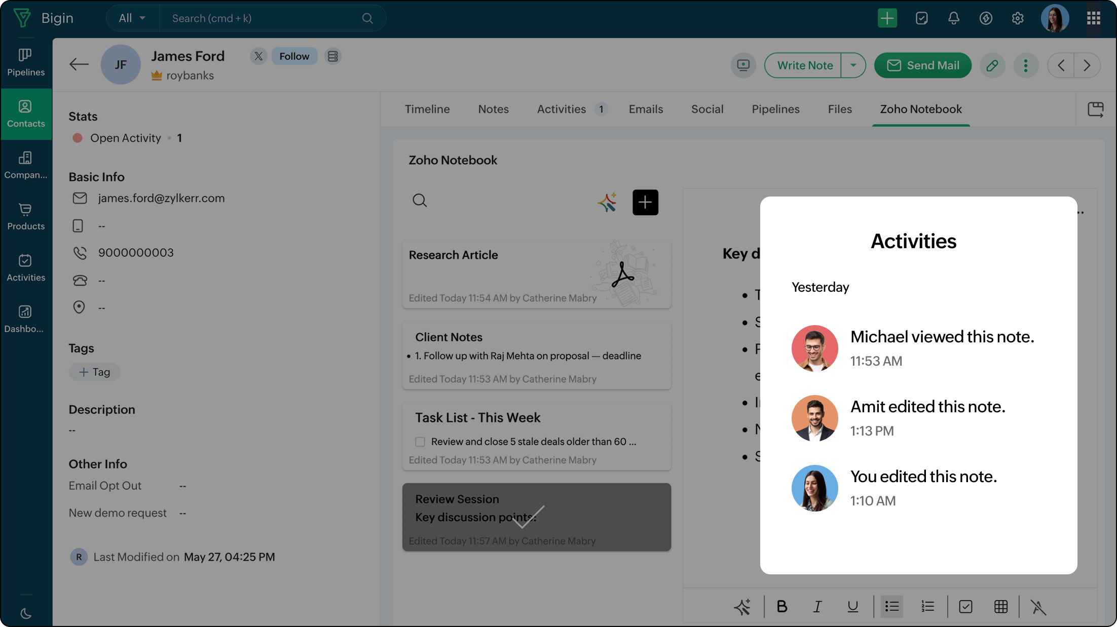 Shared notes visible across a Bigin Team Pipeline