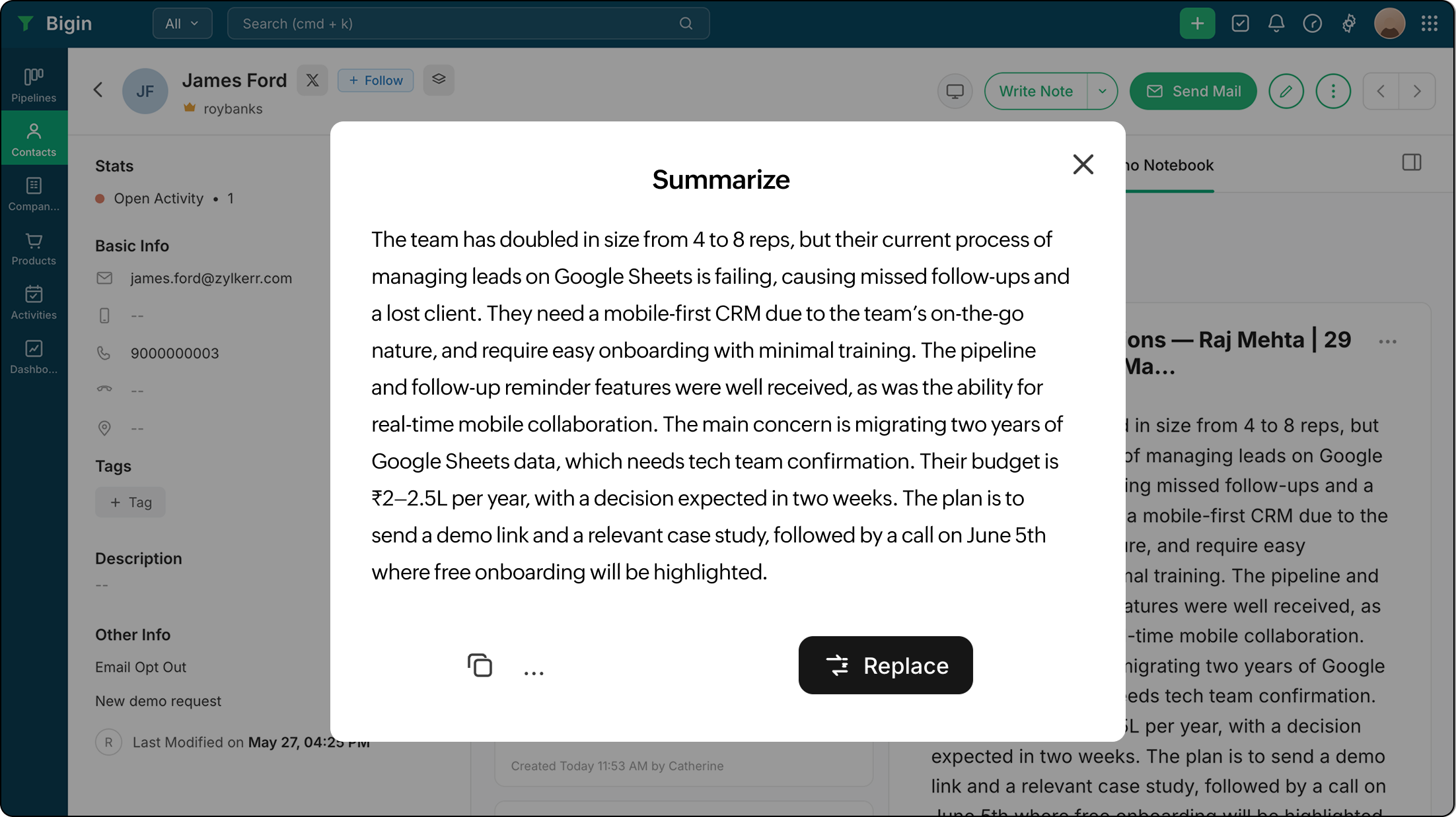 Notebook AI summarising a client note inside Bigin