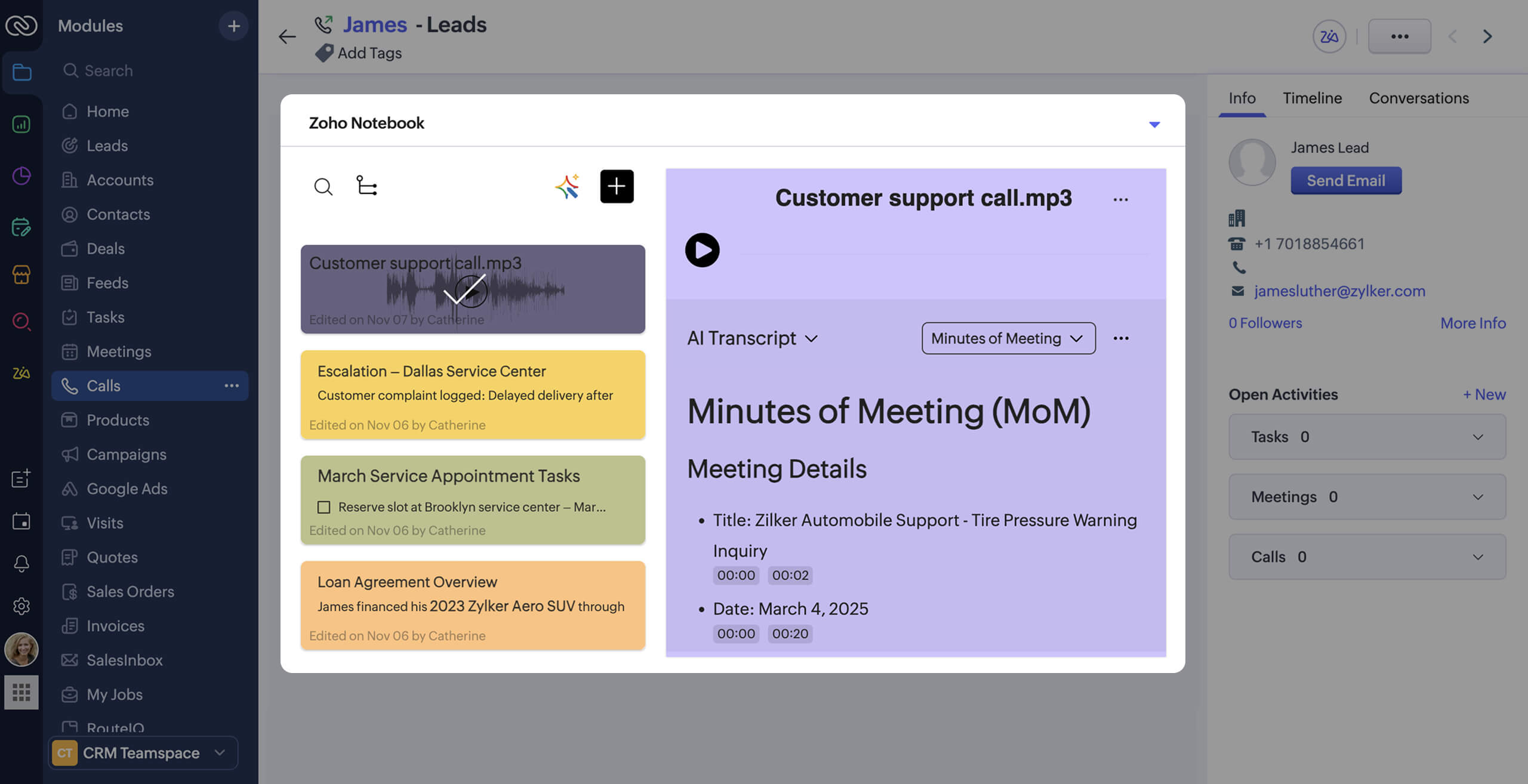 Customer call transcript example in Zoho Notebook CRM