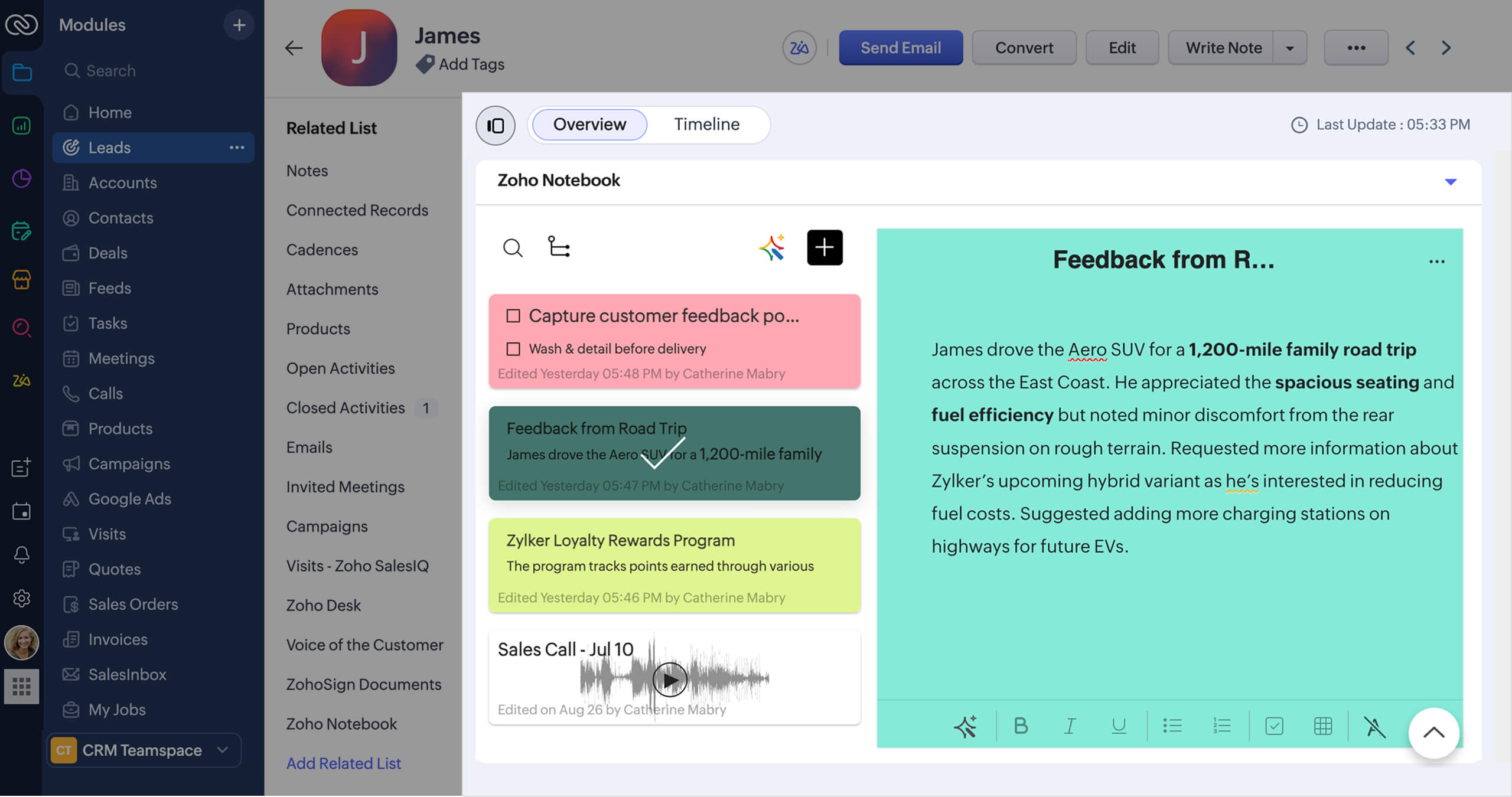 Creating text and audio notes inside Zoho CRM