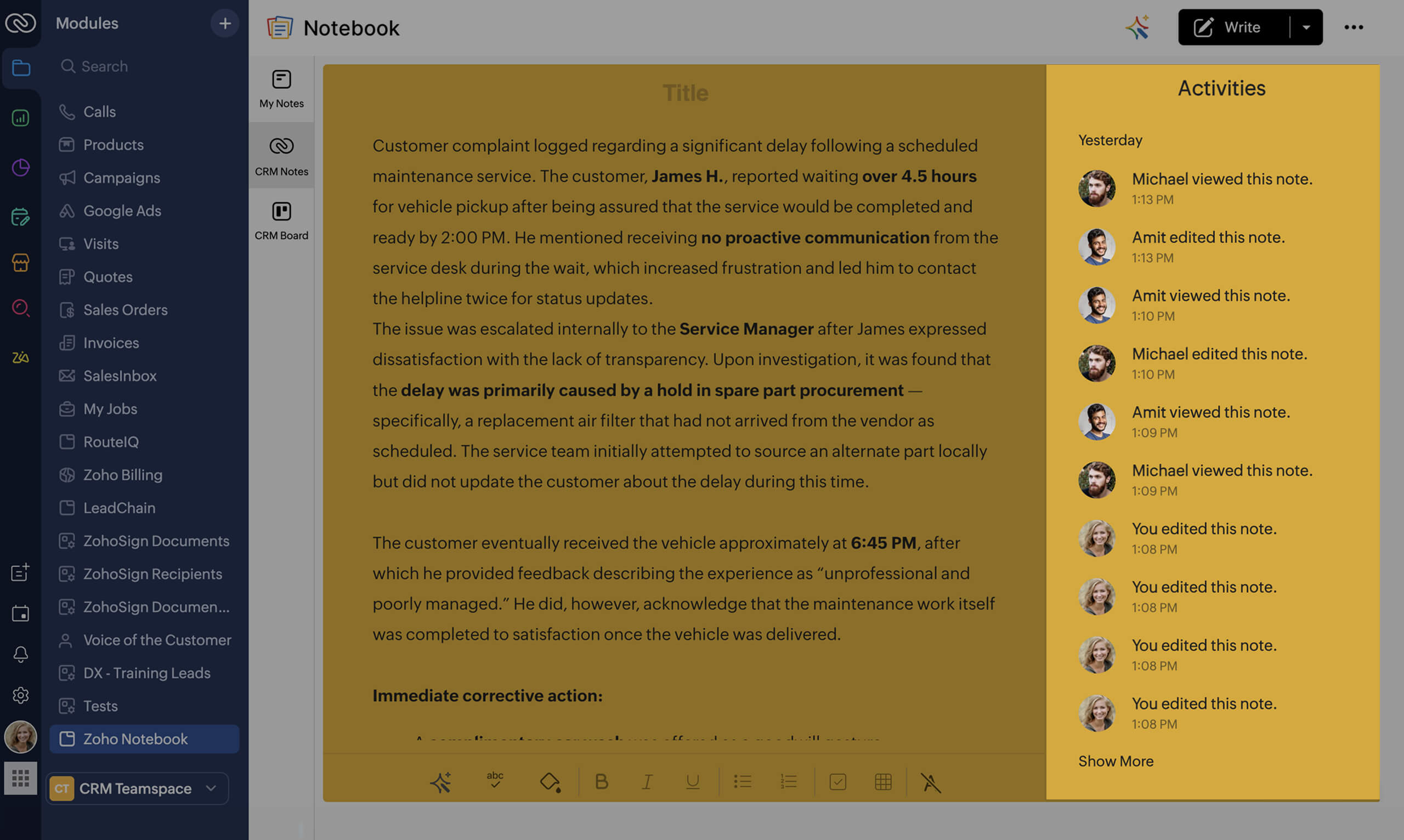 Shared notes visible on a CRM record related list