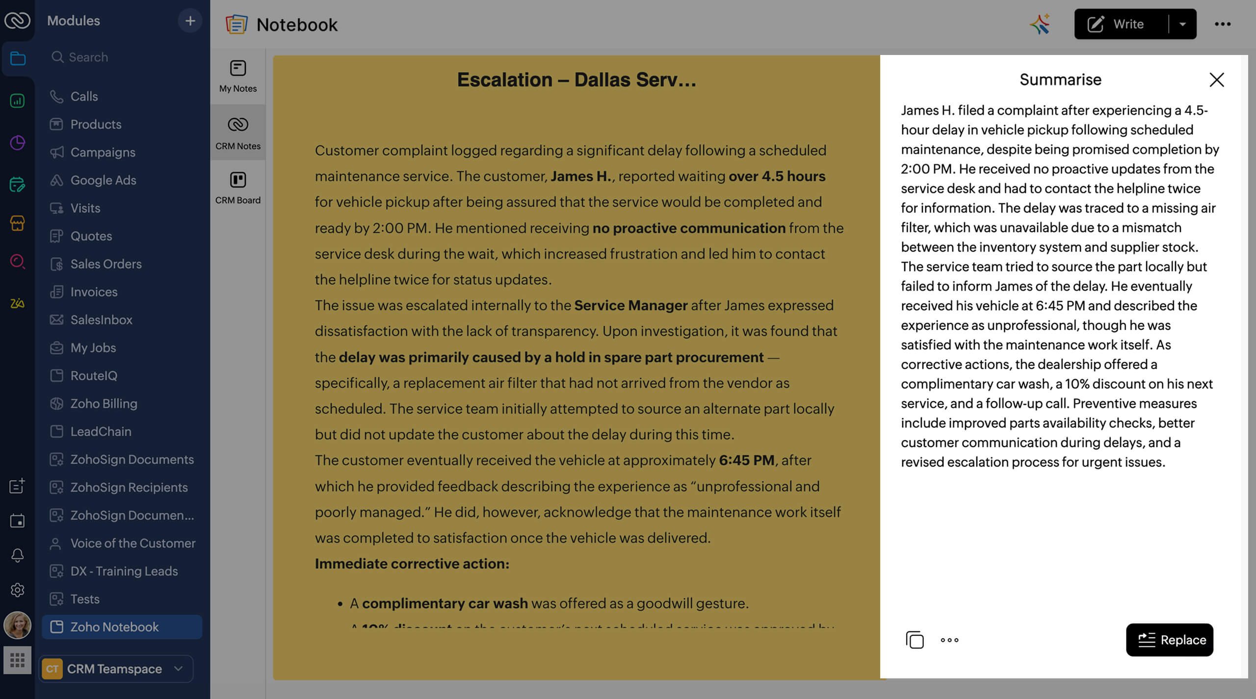 AI-enhanced note summary within Zoho CRM