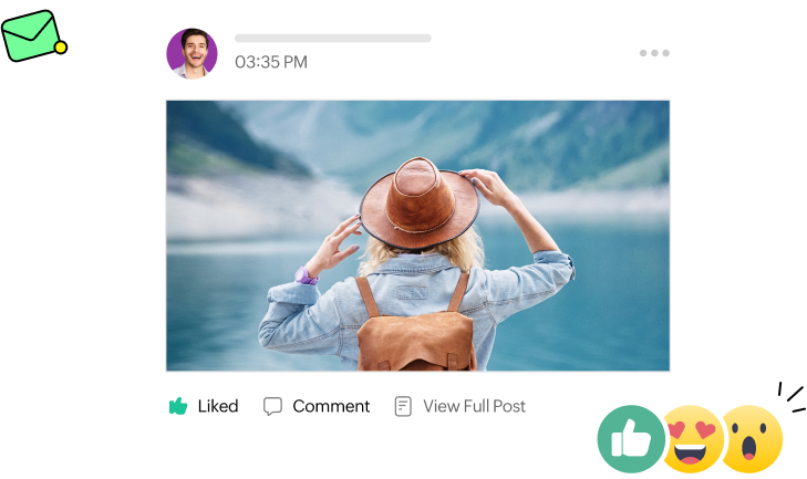 An internal communication platform that shows a liked portrait photo post at 3;35pm with a blonde woman in a hat and backpack