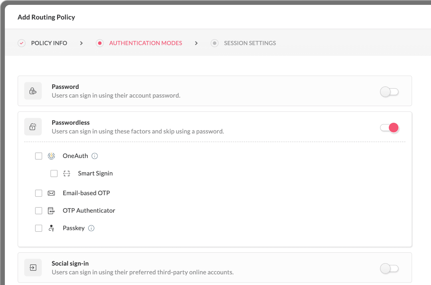 Authentication modes interface