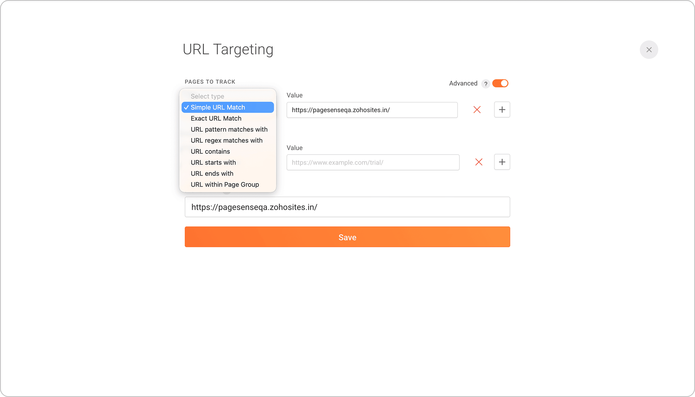 Advanced URL targeting with multiple URL match types for choosing which pages a test runs on