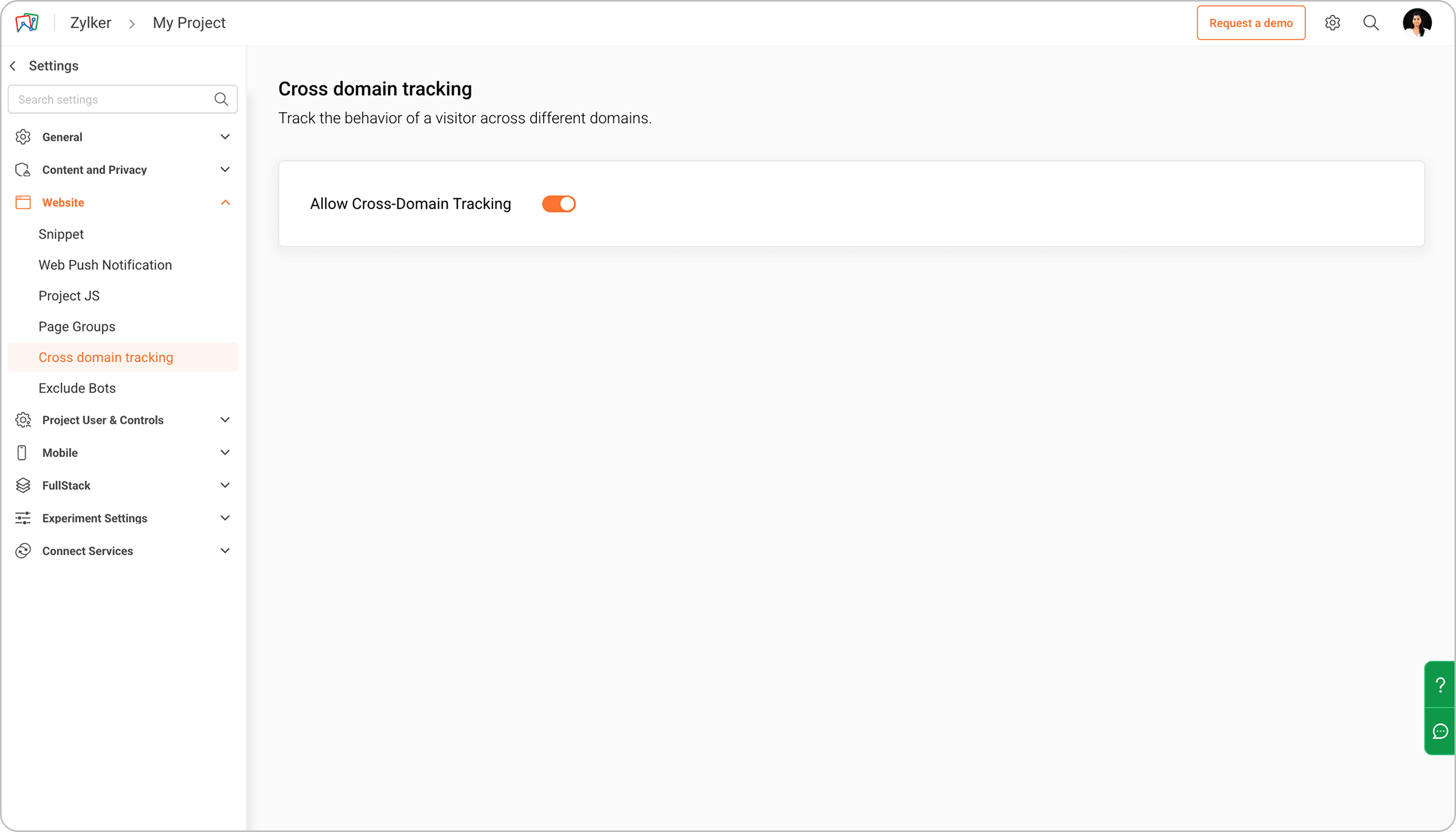 Enabling cross-domain tracking in PageSense project settings