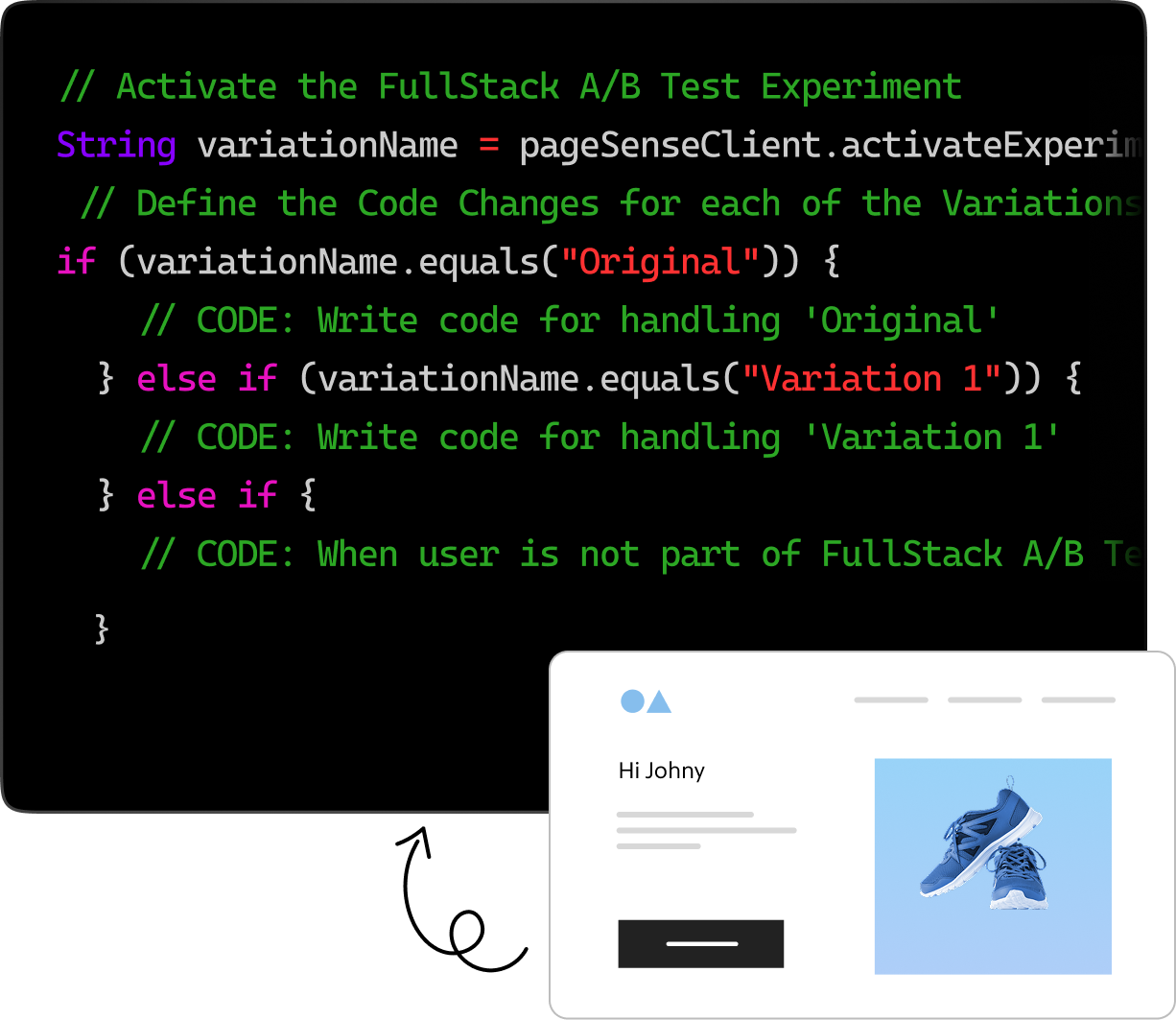 PageSense platform picker offering Node.js, Python, PHP, Java, and C# SDKs over a storefront
