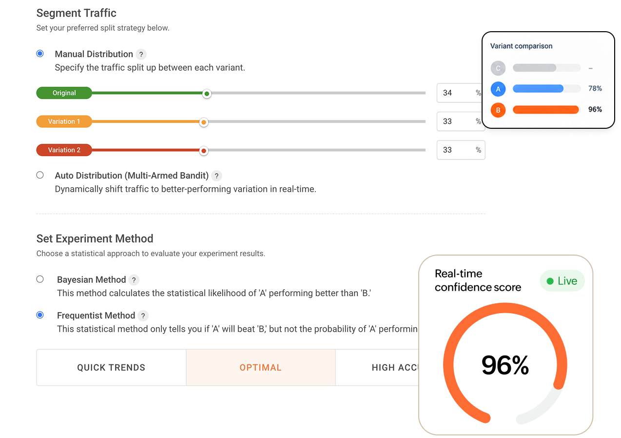 PageSense experiment setup choosing a traffic split and either a Bayesian or a frequentist statistical method