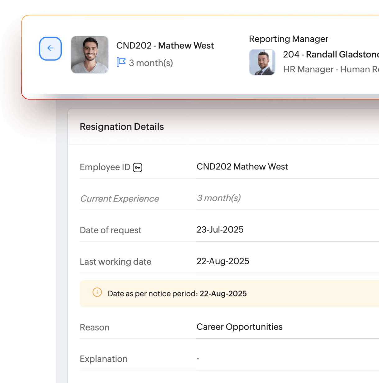 Resignation form in Zoho People Plus
