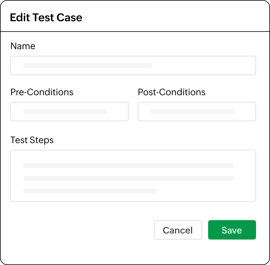Edit Test Case panel with Name, Pre-Conditions, Post-Conditions, and Test Steps fields