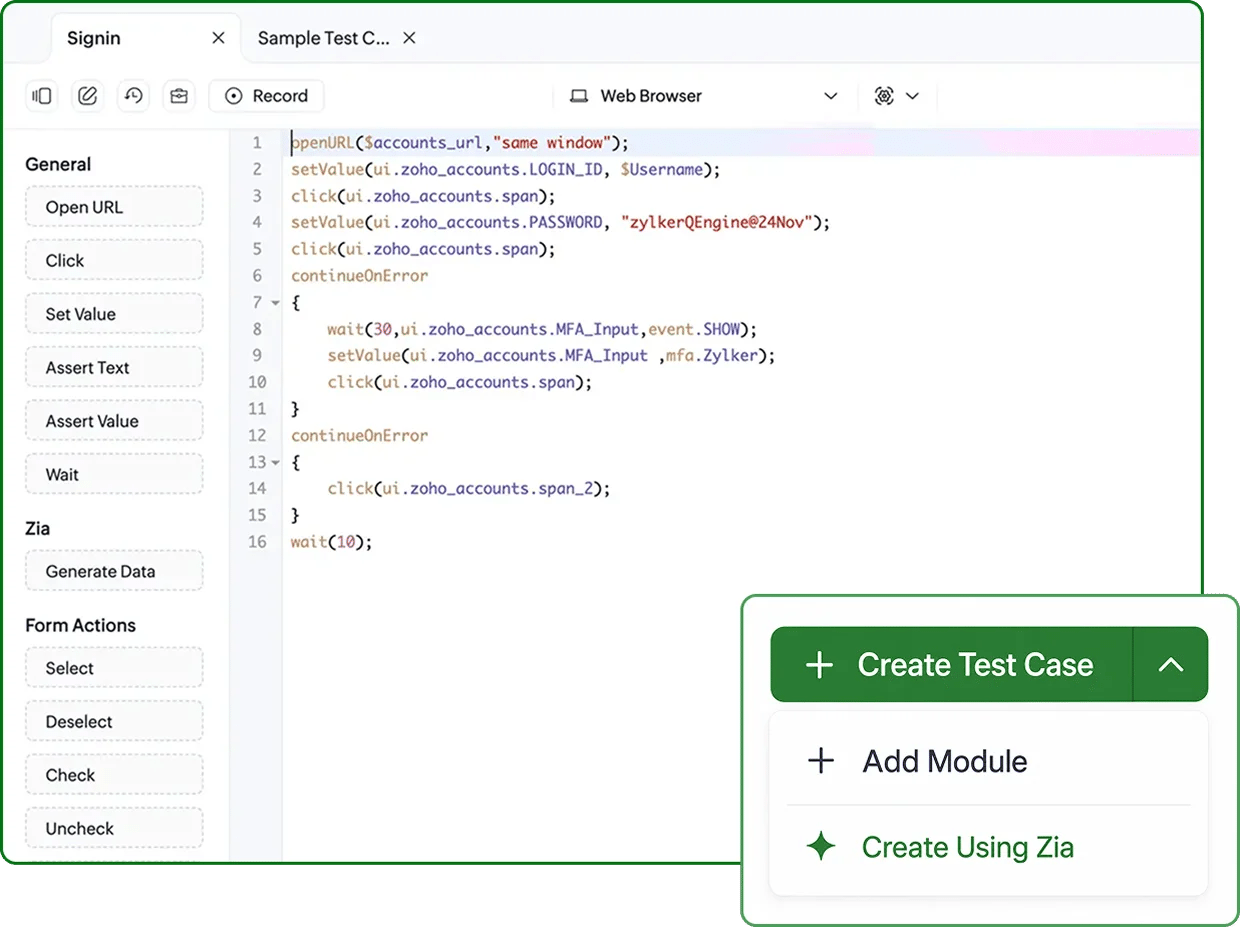 AI-generated test cases in the Zoho QEngine test editor