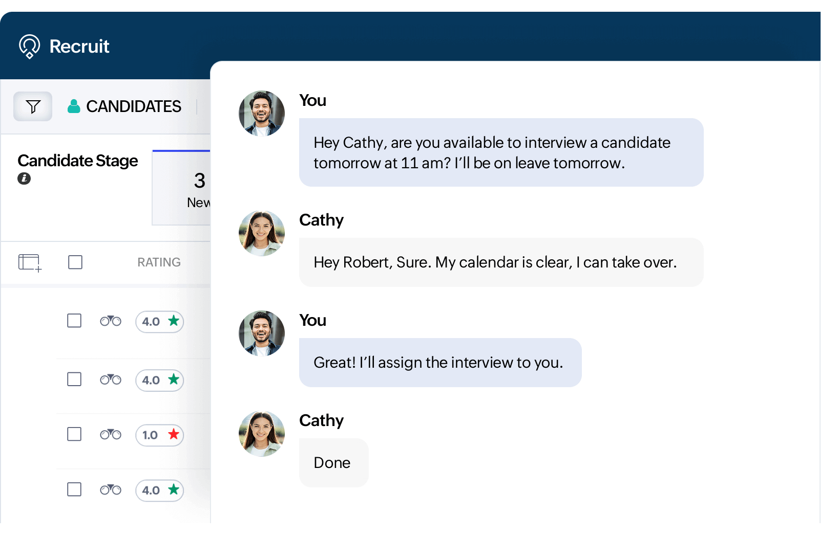 Chat within Zoho Recruit or integrate your preferred communication tools