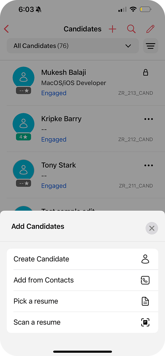 How to add candidates and resumes in the Zoho Recruit mobile app