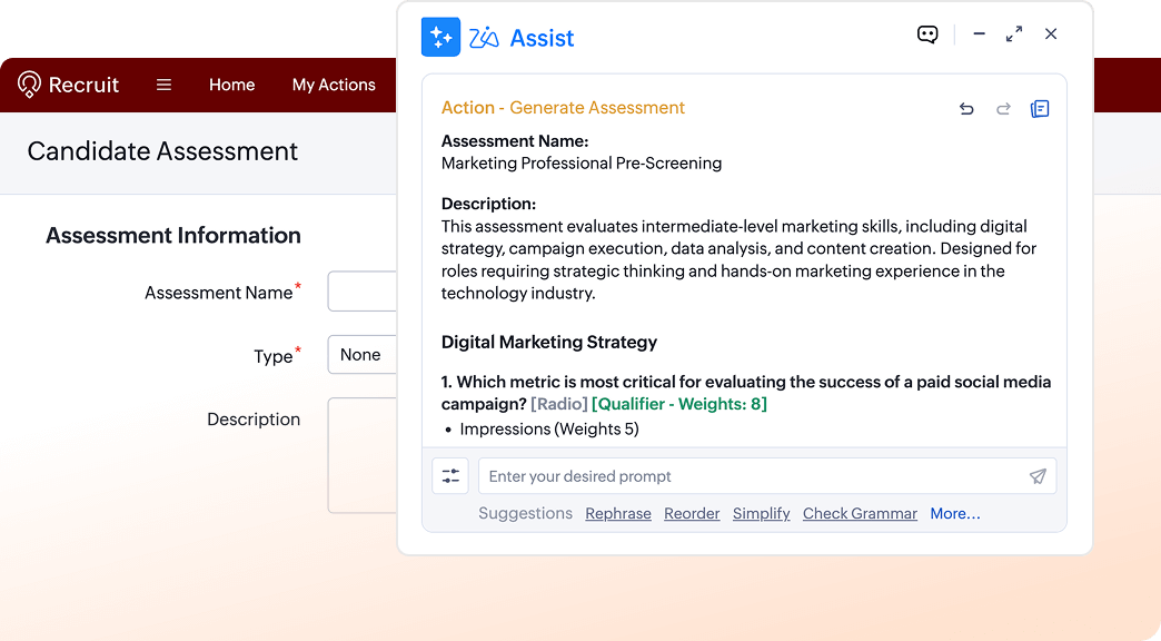 Zia AI lets you generate any type of assessment in a click inside Zoho Recruit.
