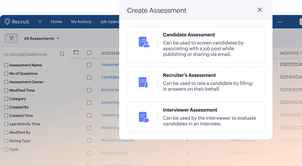 Send any type of assessment to candidates, interviewers, or recruiters inside Zoho Recruit.