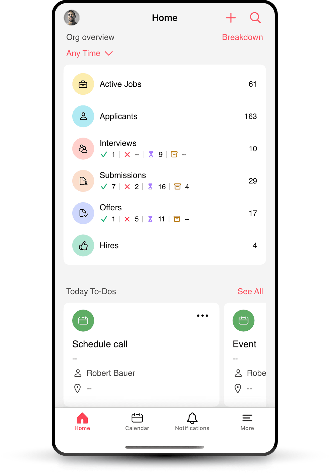 Home page of the Zoho Recruit mobile app
