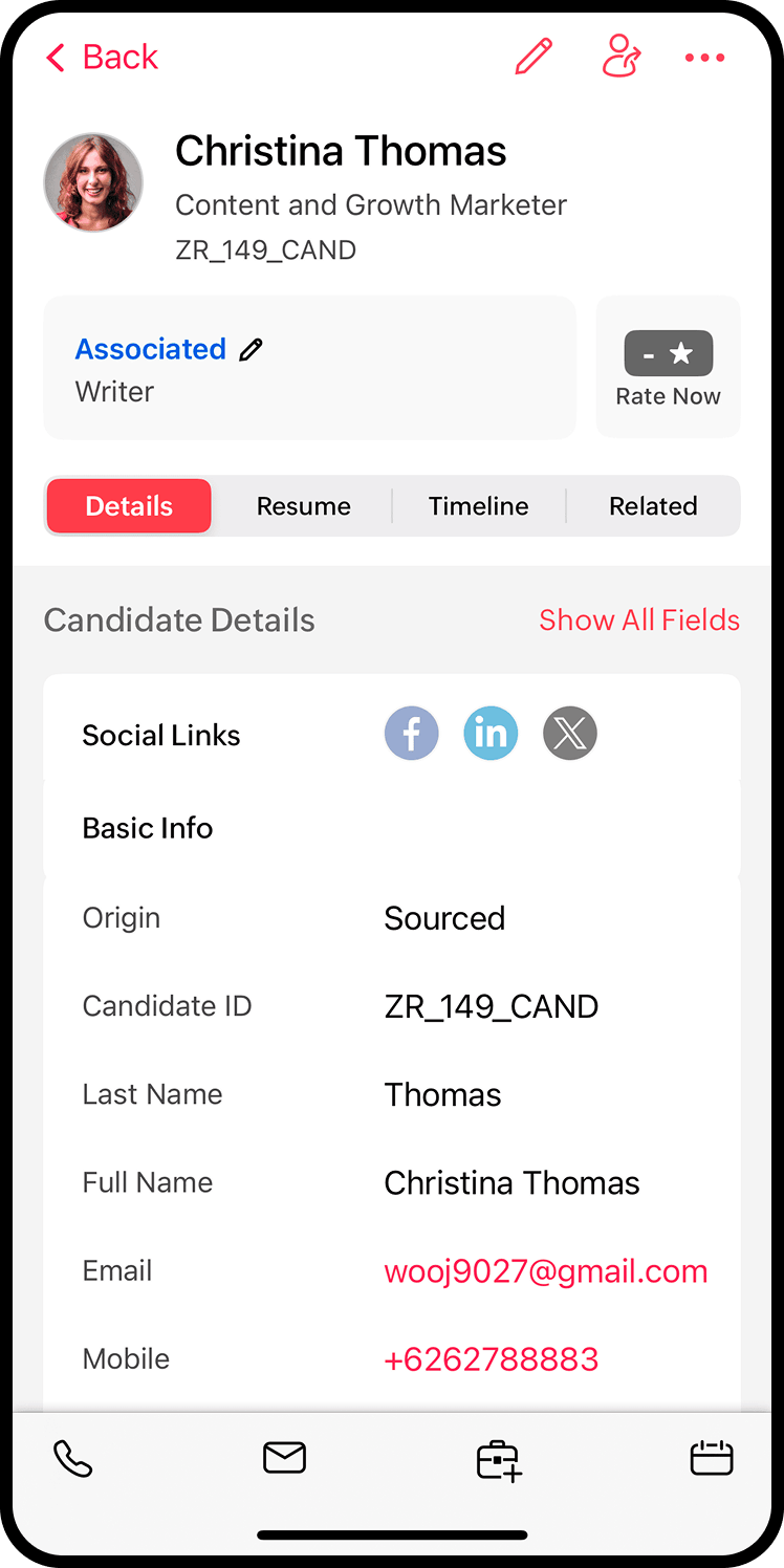 Candidate profile with details inside the Zoho Recruit mobile app