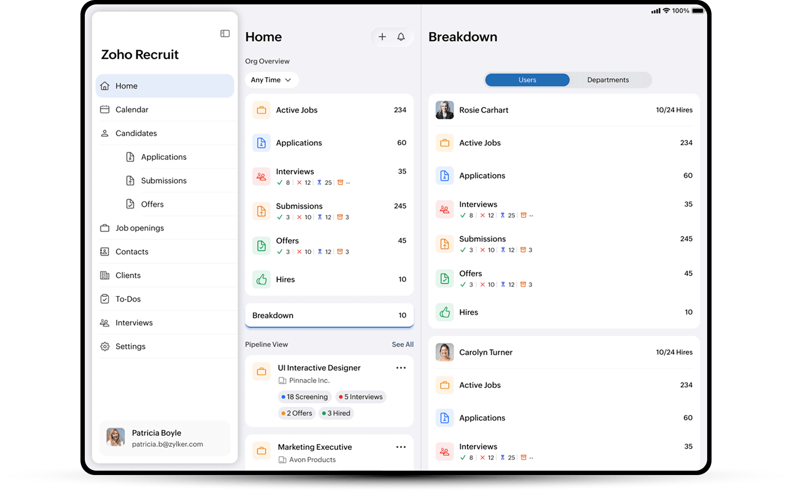 An icon of a clock depicting the 24/7 timeline with the Zoho Recruit mobile app